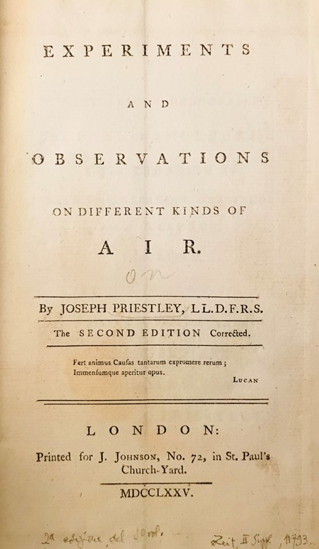 Chemical Physics. PRIESTLEY. Experiments and observations on different kinds of  [..]