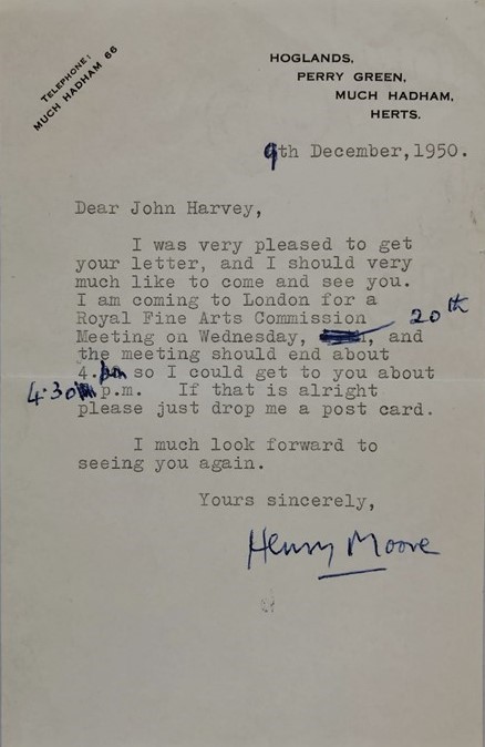  Autograph. Henry MOORE. Lettera firmata all’amico John Harvey.  - Auction Fine Books, Manuscripts, Prints and Autographs - Bado e Mart Auctions