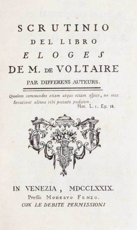 CASANOVA. Scrutinio del libro Eloges de m. de Voltaire.  (1779)  - Auction RARE  [..]