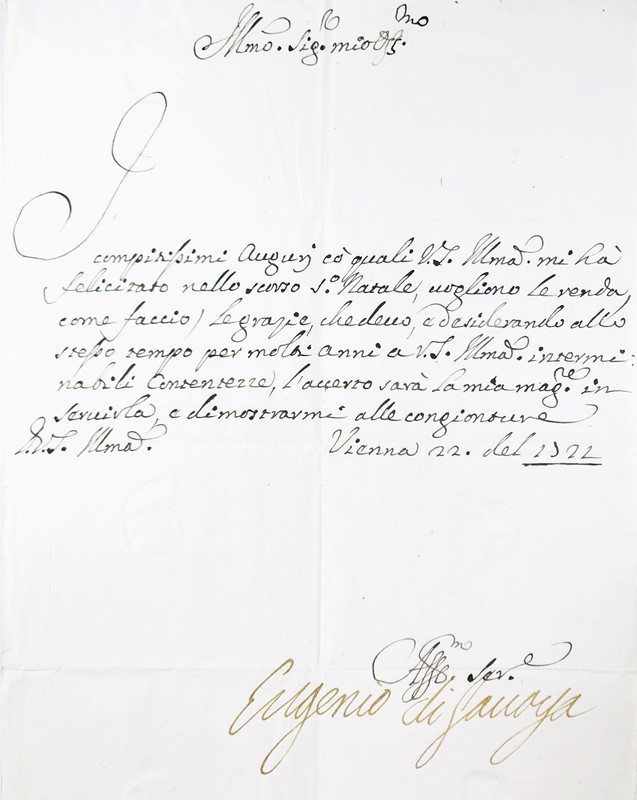 Autograph. Eugenio di Savoia Principe. Lettera in italiano. 1722.  - Auction Books,  [..]