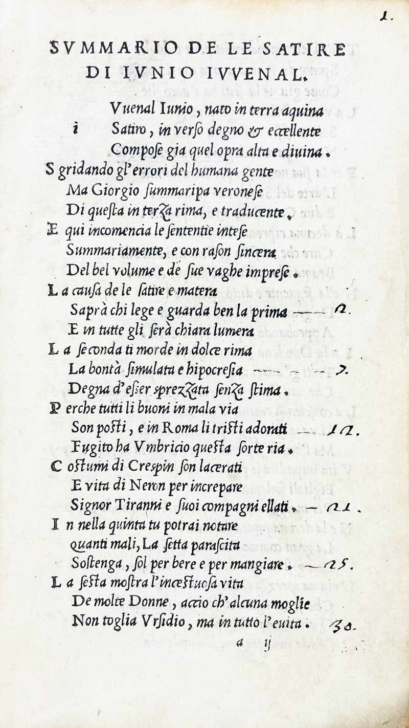 IUVENALIS. Iuvenal tradotto di latino in volgar lingua per Georgio Summaripa Veronese.  [..]