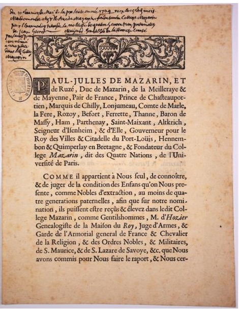 Autograph. DE LA PORTE, Duc de Mazarin. Certificate of Nobility for admission to  [..]