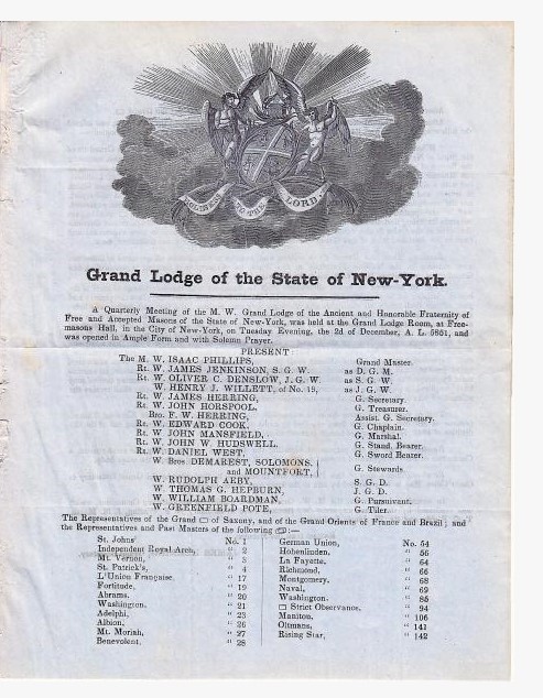 AMERICAN FREEMASONRY. Grand Lodge of the State of New-York. With manuscript dispatch to Hyacinthe-Poirier Leblanc de Marconnay.  - Auction Prints, Maps and Documents. - Bado e Mart Auctions