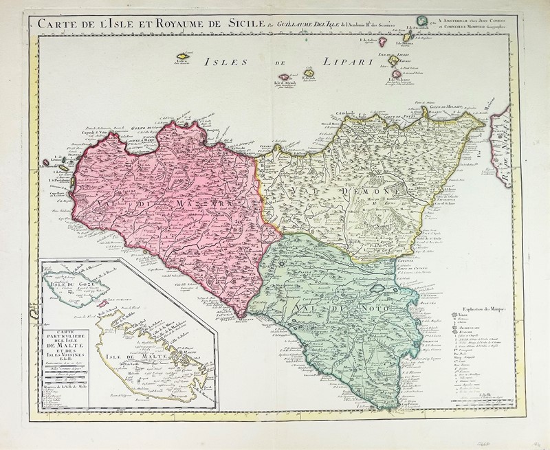Malta and Sicily Map. DELISLE.  - Auction RARE BOOKS & GRAPHIC ARTS - Bado e Mart Auctions