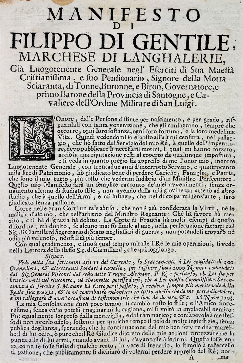 GENTIL DE LANGALLERIE. Manifesto di Filippo di Gentile, Marchese di Langalerie.  [..]