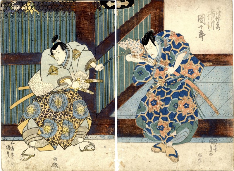 TOYOKUNI. Yakusha-e. Kabuki Theater scene. Rivals Fuwa Banzaemon and Nagoya Sanza  [..]