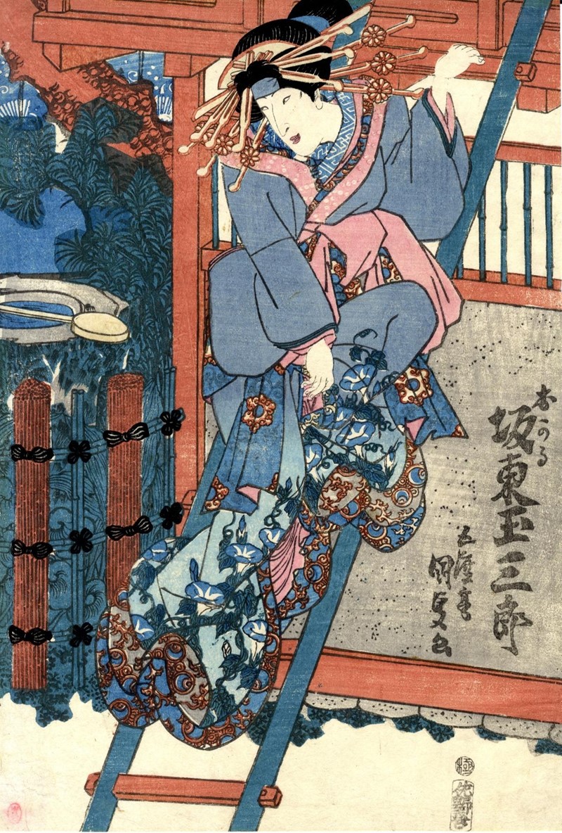 TOYOKUNI. Yakusha-e. Kabuki Theater scene. Courtesan Okaru climbs a ladder.  - Auction  [..]