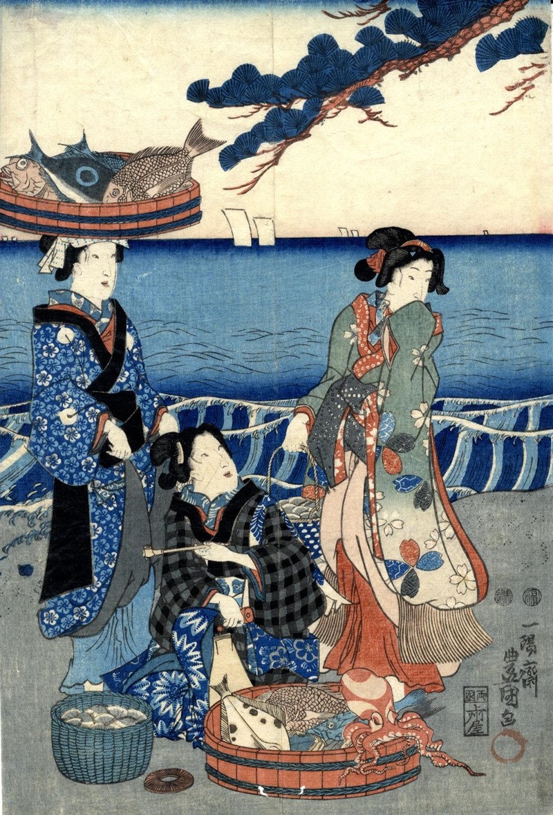 KUNISADA. Bijinga. Fisherwomen with baskets full of shells and fish.  - Auction  [..]