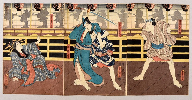 TOYOKUNI. Yakusha-e. Kabuki Theater scene. Killing in Furuichi. Triptych.  - Auction  [..]