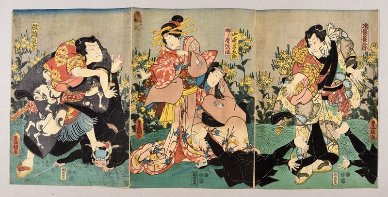 KUNISADA I. Yakusha-e. Kabuki Theater scene. Two Osaka courtesans. Triptych.  -  [..]