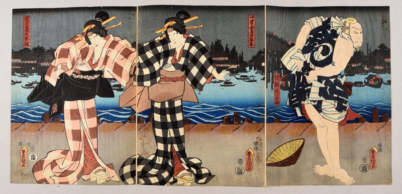 KUNISADA. Yakusha-e. Kabuki Theater scene. A story of justice and vice in Naniwa.  [..]