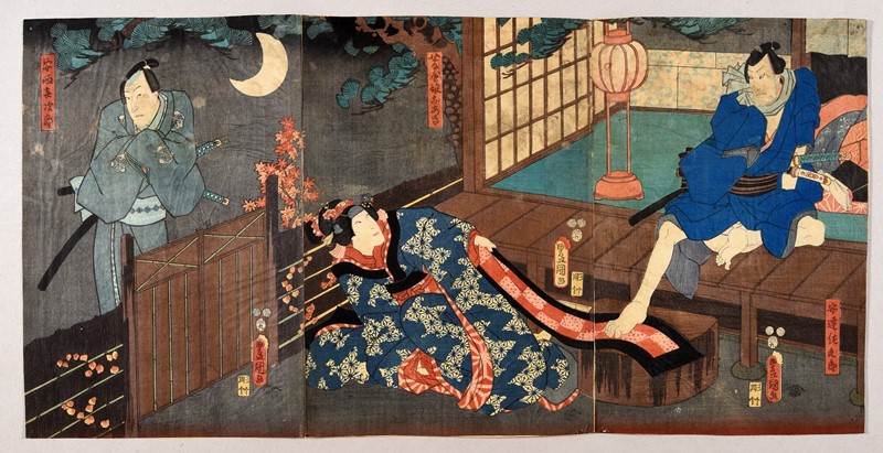 KUNISADA I. Yakusha-e. Kabuki Theater scene. Ghost Tale. Triptych.   - Auction RARE  [..]