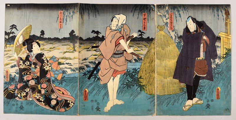 KUNISADA I. Yakusha-e. Kabuki Theater scene. Three characters in countryside. Triptych.  [..]