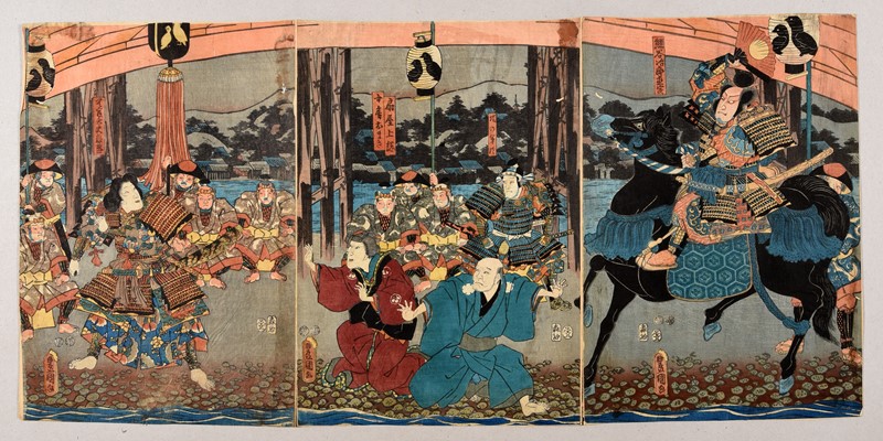 KUNISADA I. Yakusha-e. Kabuki Theater scene. A samurai on horseback. Triptych.   [..]