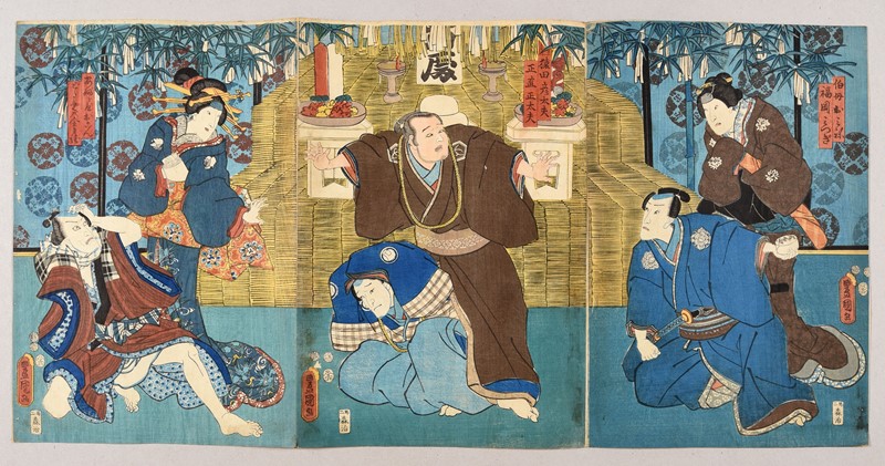 KUNISADA. Yakusha-e. Kabuki Theater scene. Characters in front of a Shinto altar.  [..]