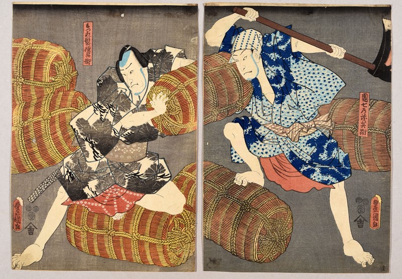 KUNISADA I. Yakusha-e. Kabuki Theater scene. Shinzo Tsurifune Kidan #2. Diptych.  [..]