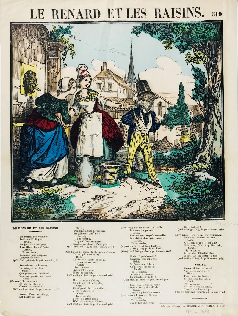 Colored lithograph. Le renard et les raisins.  - Auction Prints, Maps and Documents.  [..]