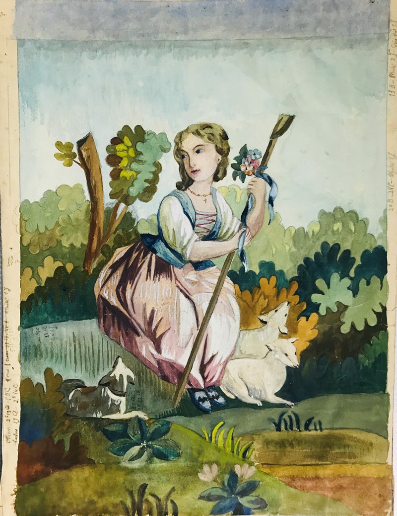 Watercolor. Pastorella con cane e due agnellini.  - Auction Prints, Maps and Documents.  [..]