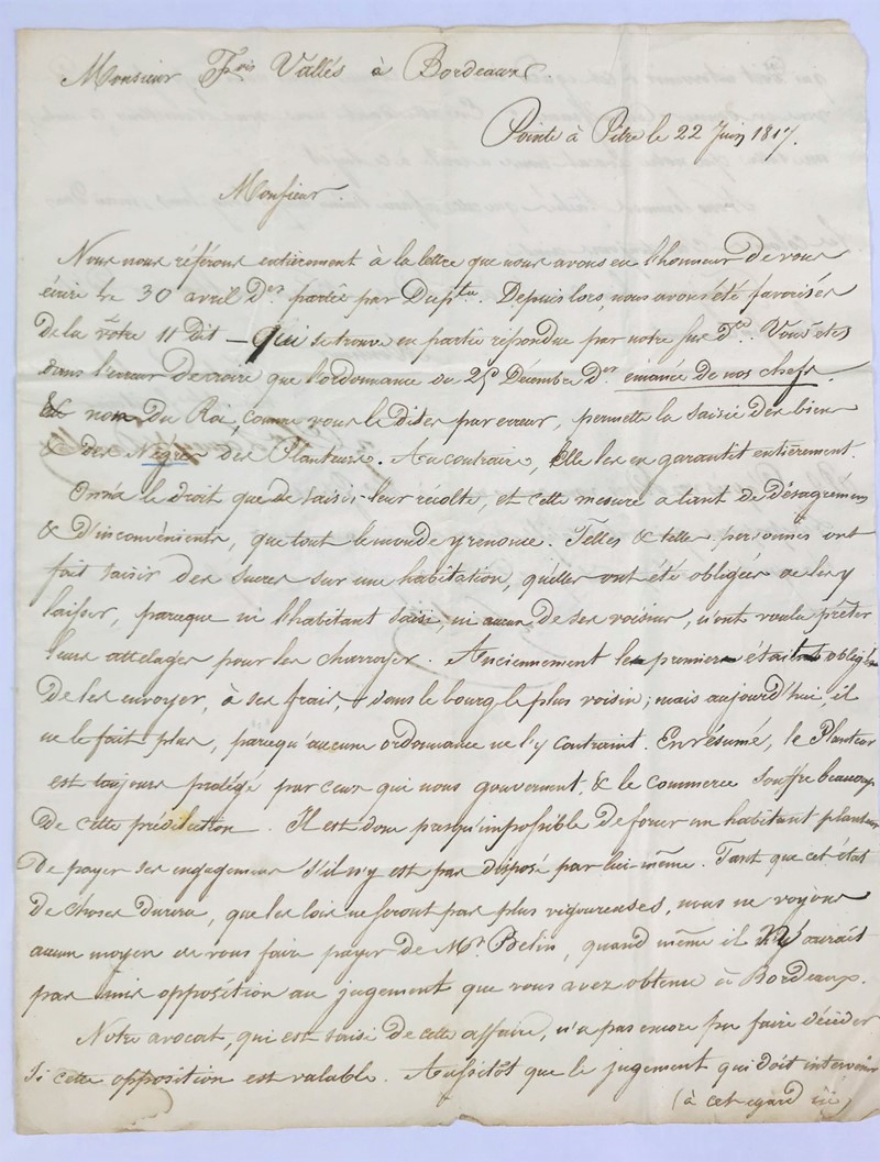 Guadeloupe Slavery Trade. Lettera autografa firmata di Ch. Lamey &amp; Damblat  [..]