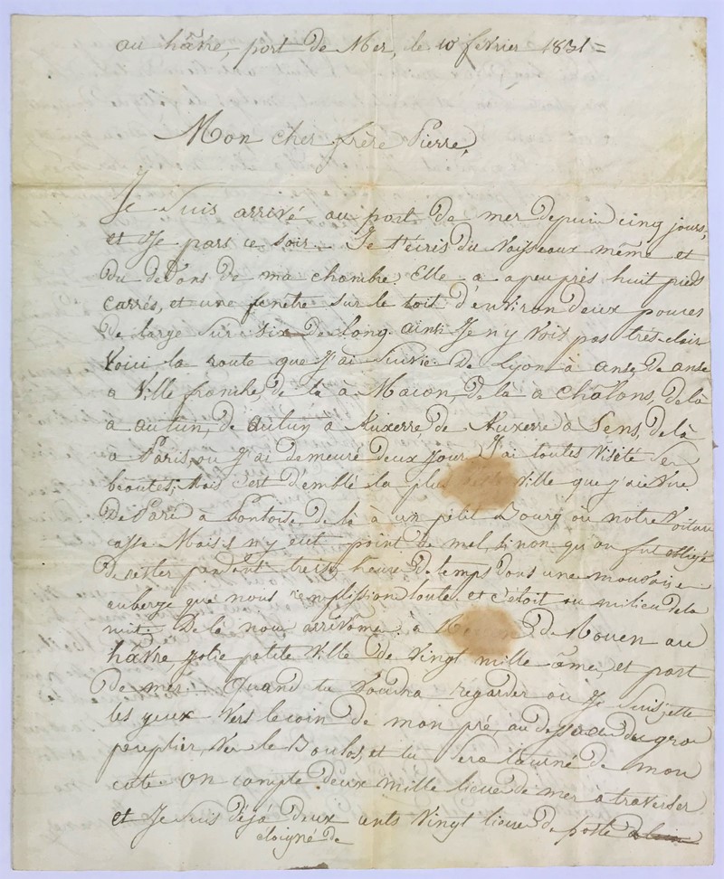 America Travel. Autograph letter of a French Missionary.  - Auction Prints, Maps  [..]