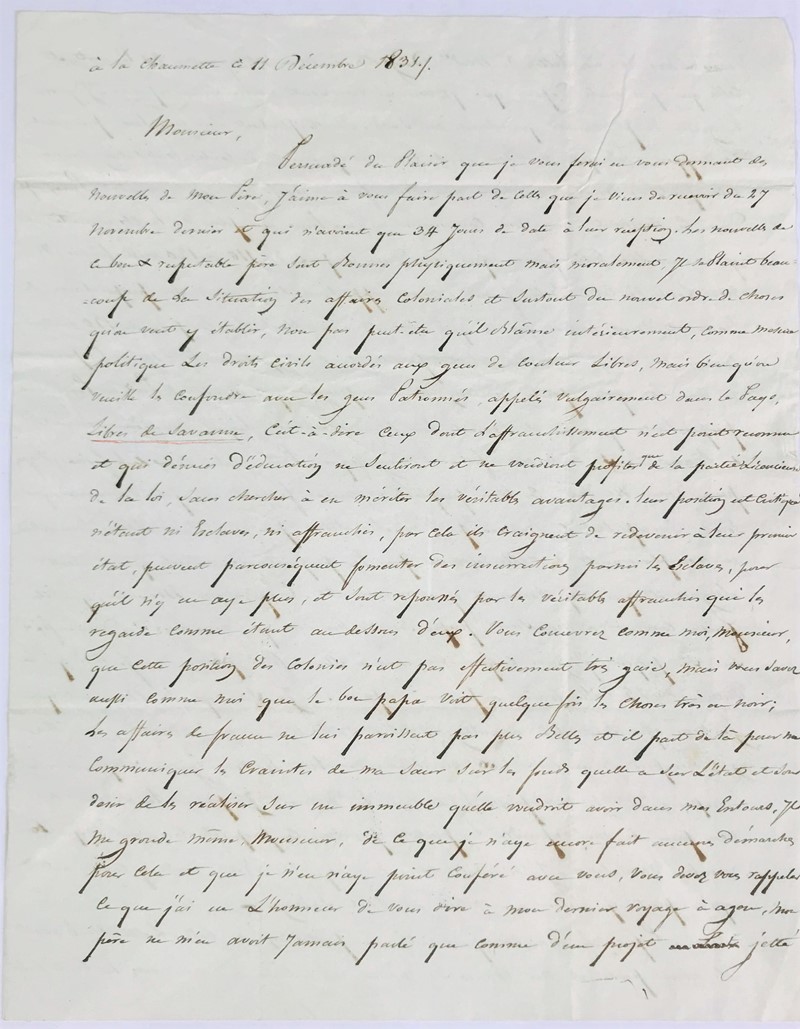 Jamaican Slaves Revolution. Lettera autografa firmata di De Lagrange a Mr. Lafontan.  [..]
