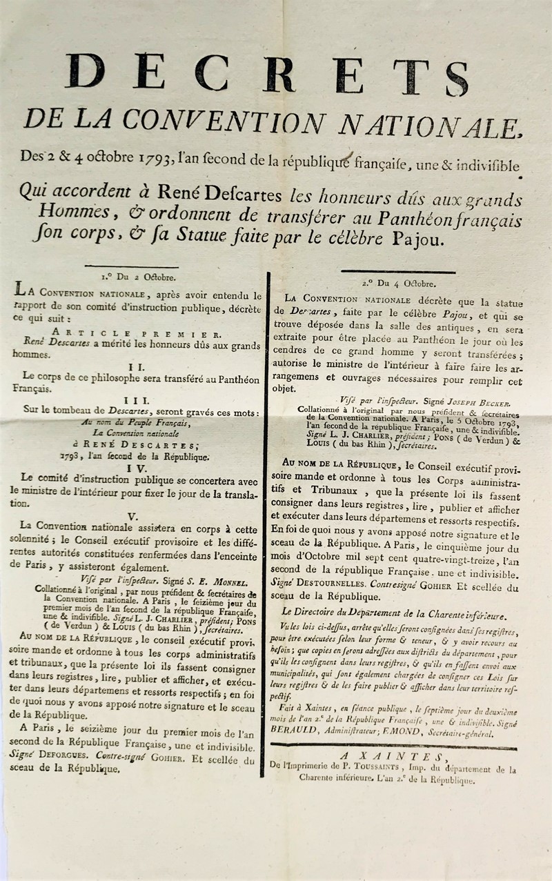 Descartes. French Revolution. Decrets de la Convention Nationale, Des 2 &amp;  [..]