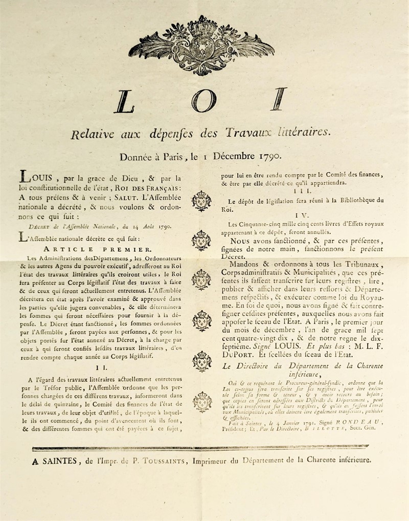 French Revolution. Financial aid to writers. Loi relative aux depenses des Travaux  [..]
