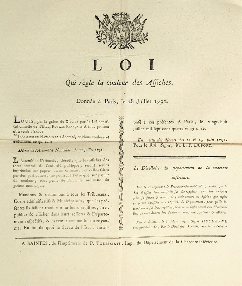 The wall posters of the French Revolution. Loi Qui regle la couleur des Affiches.  - Auction RARE BOOKS, PRINTS, MAPS AND DOCUMENTS. - Bado e Mart Auctions