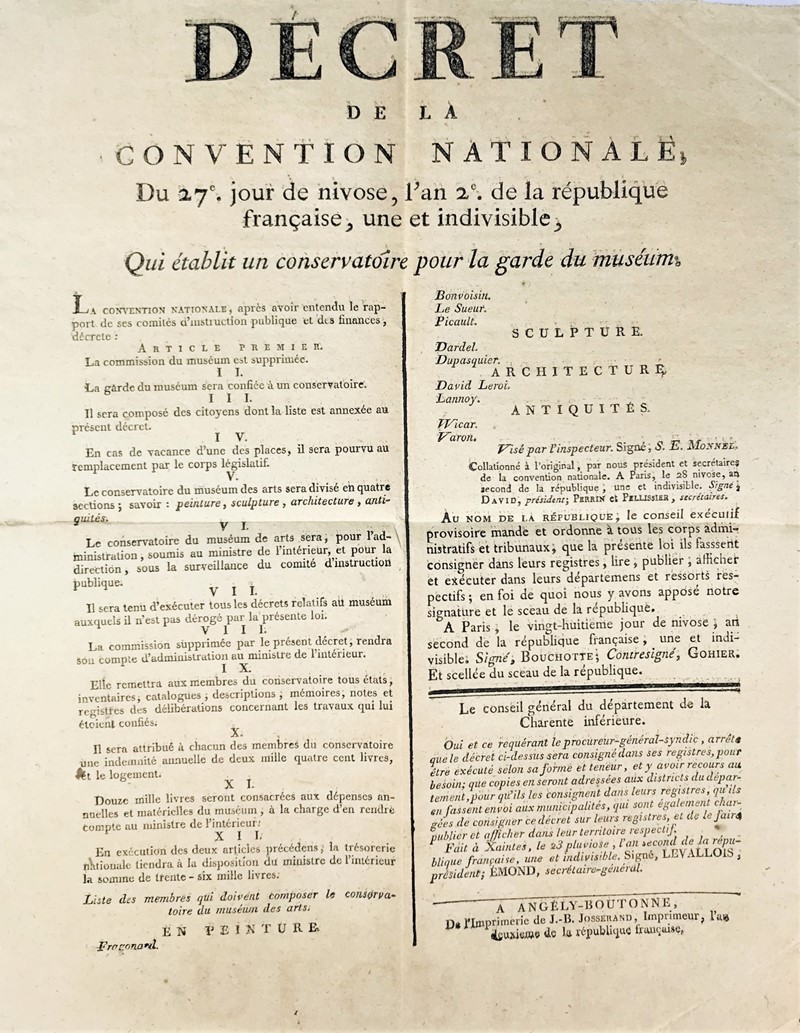 Modern Louvre Museum. Decret de la Convention Nationale… Qui etablit un conservatoire  [..]