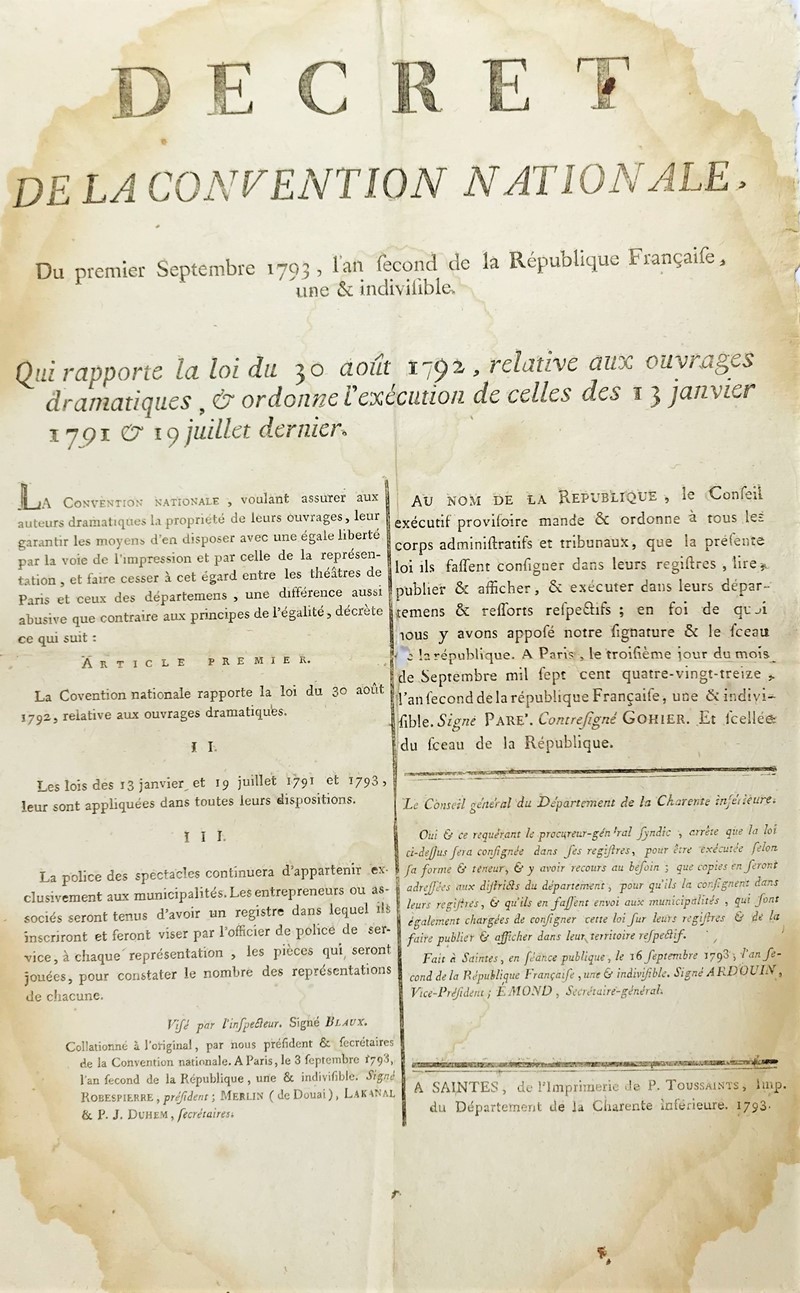 Copyright Law. Decret de la Convention Nationale... relative aux ouvrages dramatiques  [..]