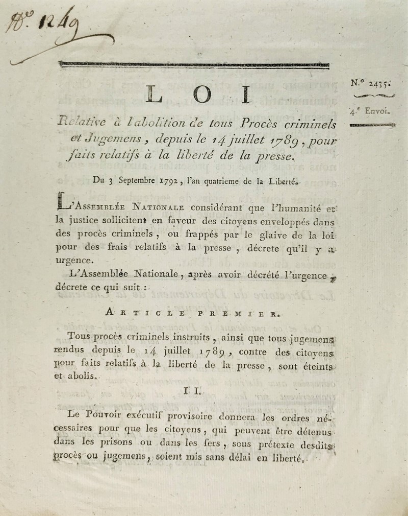Freedom of Printing. Loi relative &#224; l’abolition de tous Proces criminels  [..]