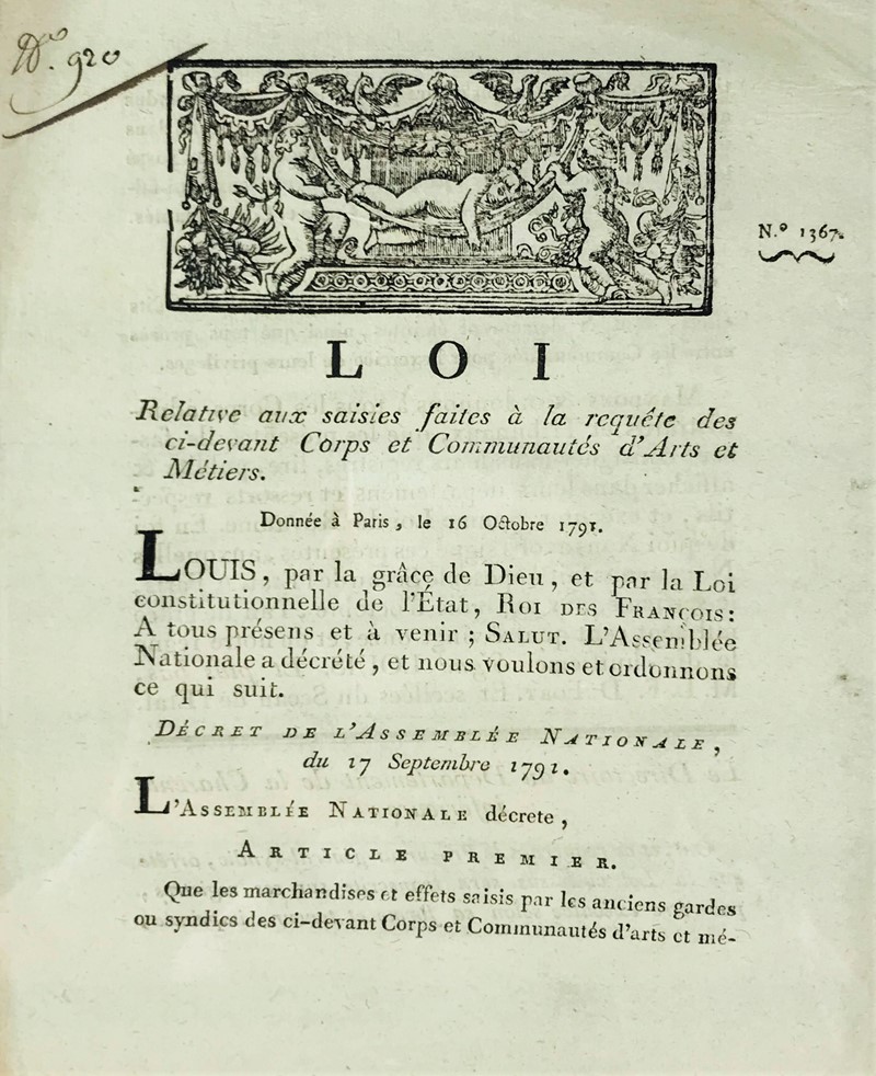 French Revolution abolishes the guilds of arts. Loi Relative aux saisies faites  [..]