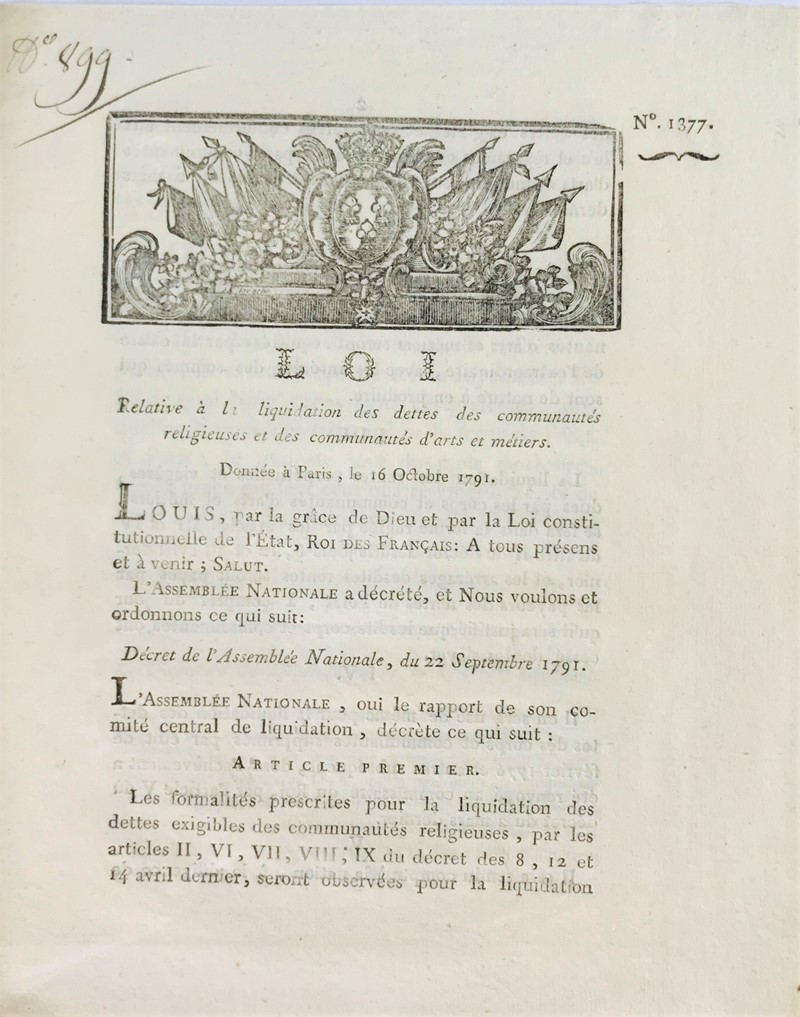 French Revolution and the destruction of religious communities.  - Auction Prints, Maps and Documents. - Bado e Mart Auctions