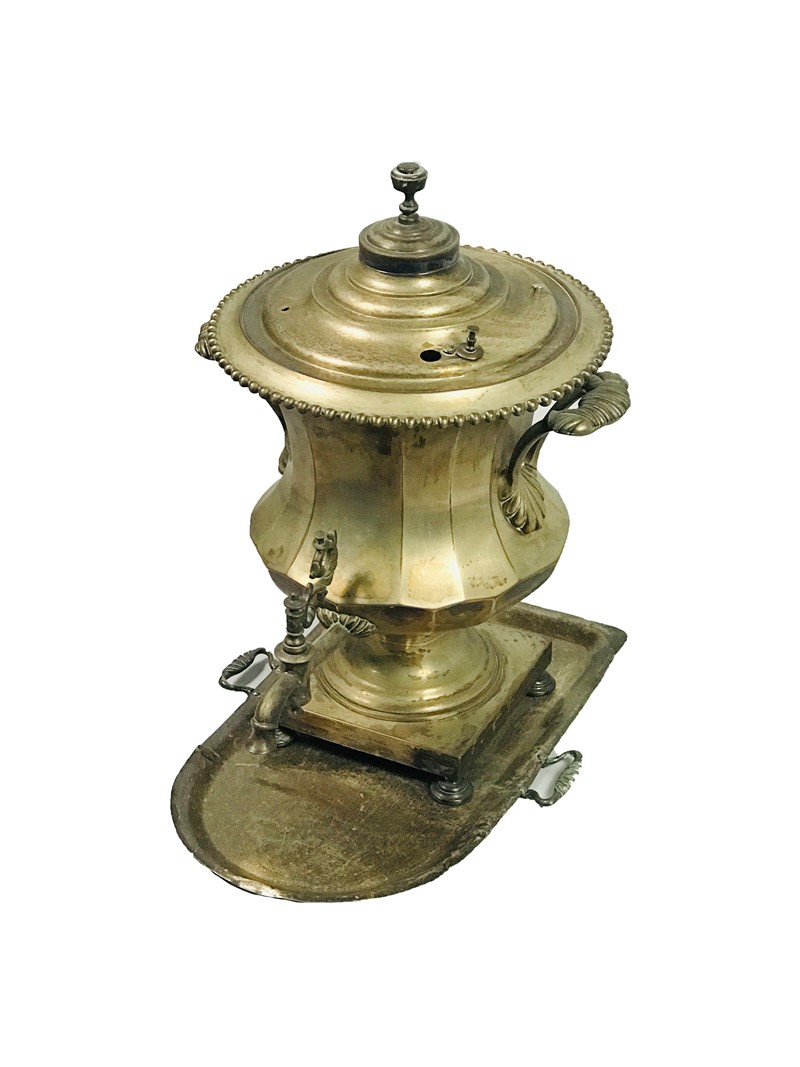 Russian SAMOVAR in silvered pewter with base tray, signed on the base “Samovych  [..]