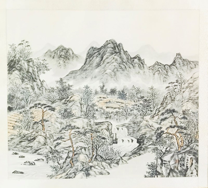 Chinese drawing on paper depicting a mountain landscape with a little waterfall.  [..]