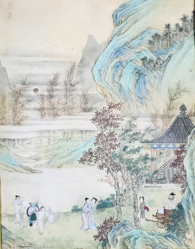 Chinese polychrome painting on silk with vegetation and characters in the foreground.  [..]