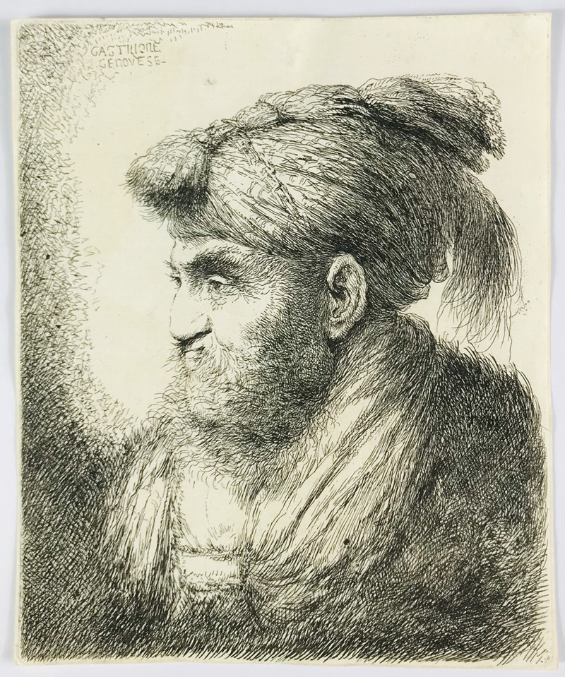 CASTIGLIONE. Head of a man with bow on the headdress.  - Auction RARE BOOKS, PRINTS, MAPS AND DOCUMENTS. - Bado e Mart Auctions
