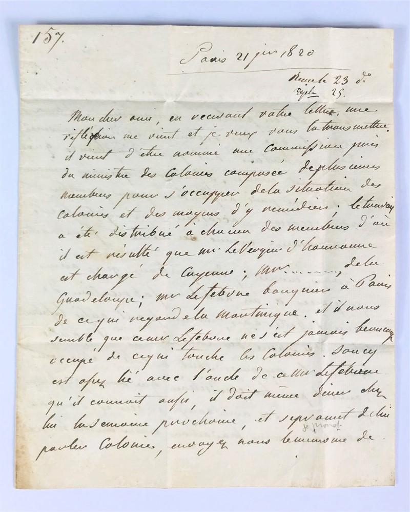 Sugar trade in the French Caribbean colonies. HAUDRY DE SOUCY. Signed letter.  - Auction RARE BOOKS, PRINTS, MAPS AND DOCUMENTS. - Bado e Mart Auctions