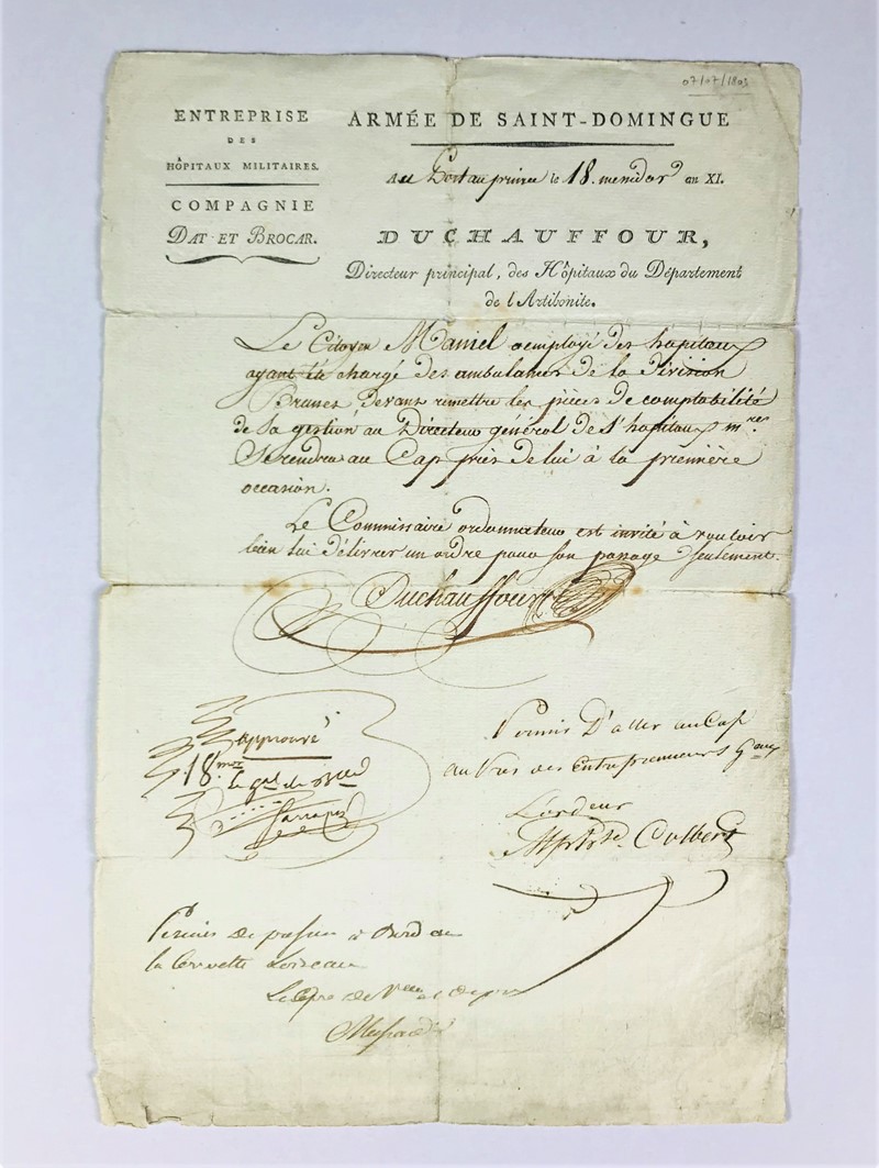Santo Domingo-French Revolution. Handwritten permit from the Army of Santo Domingo.  - Auction RARE BOOKS, PRINTS, MAPS AND DOCUMENTS. - Bado e Mart Auctions