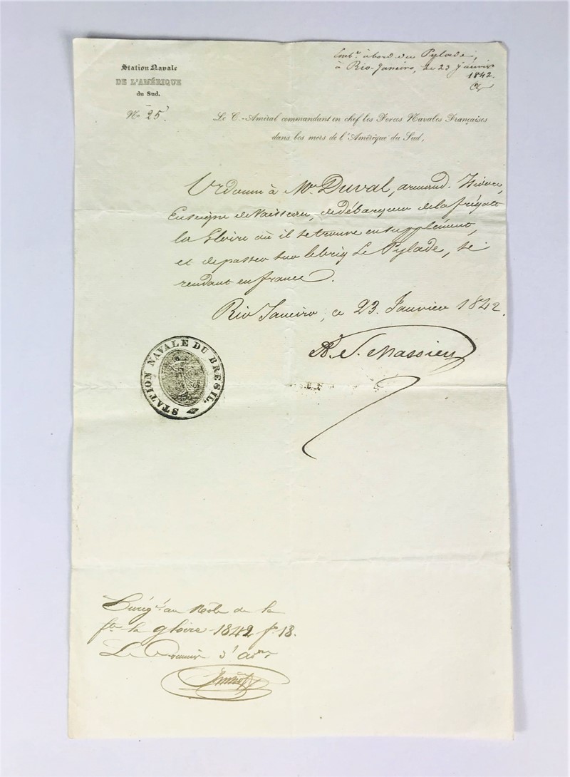 French Marine in Brazil. Signed handwritten military document.  - Auction RARE BOOKS, PRINTS, MAPS AND DOCUMENTS. - Bado e Mart Auctions