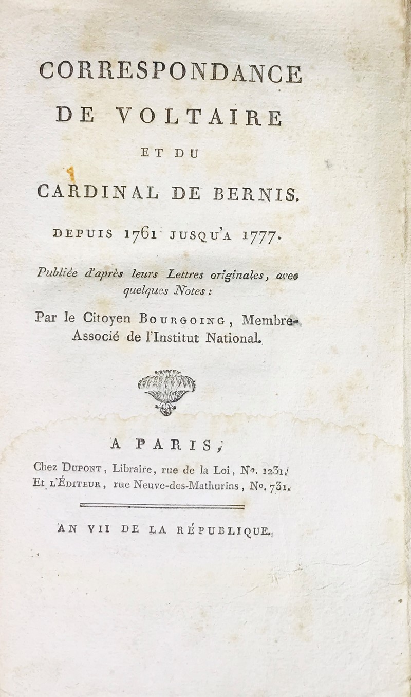VOLTAIRE. Correspondance de Voltaire et du cardinal de Bernis, depuis 1761 jusqu&#39;&#224; 1777.  - Auction RARE BOOKS, PRINTS, MAPS AND DOCUMENTS. - Bado e Mart Auctions