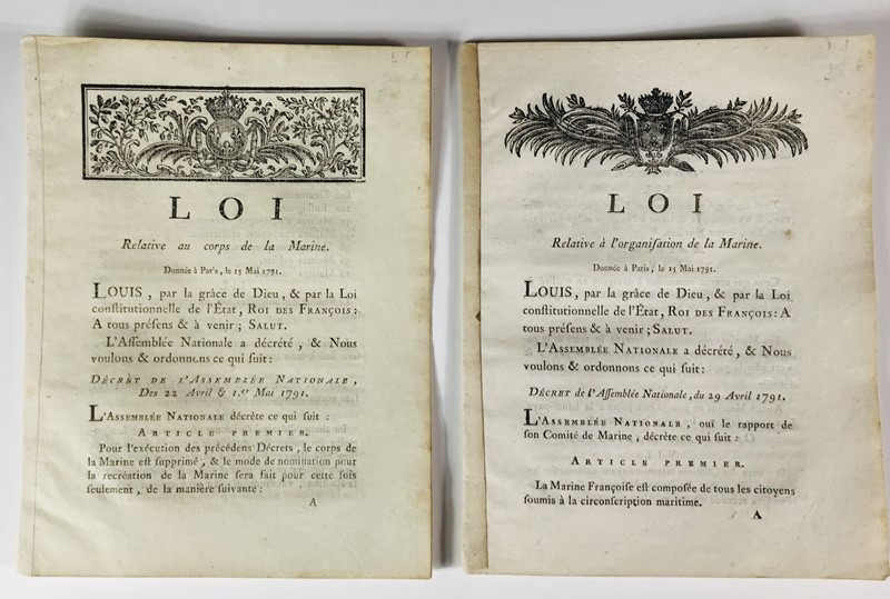 French Revolution. Suppression of the Navy of the Kingdom and creation of the new Navy of France. 2 pamphlets.  - Auction RARE BOOKS, PRINTS, MAPS AND DOCUMENTS. - Bado e Mart Auctions