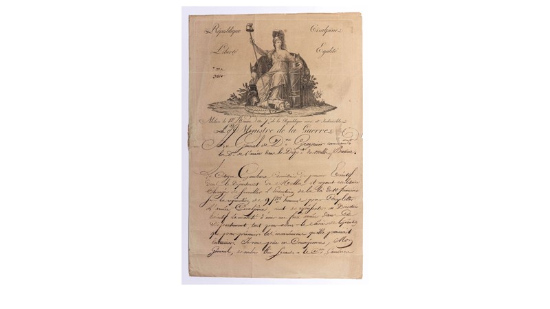 Cisalpine Republic. Copy of the letter of the Minister of War addressed to the General of Division GRENIER.  - Auction RARE BOOKS, PRINTS, MAPS AND DOCUMENTS. - Bado e Mart Auctions