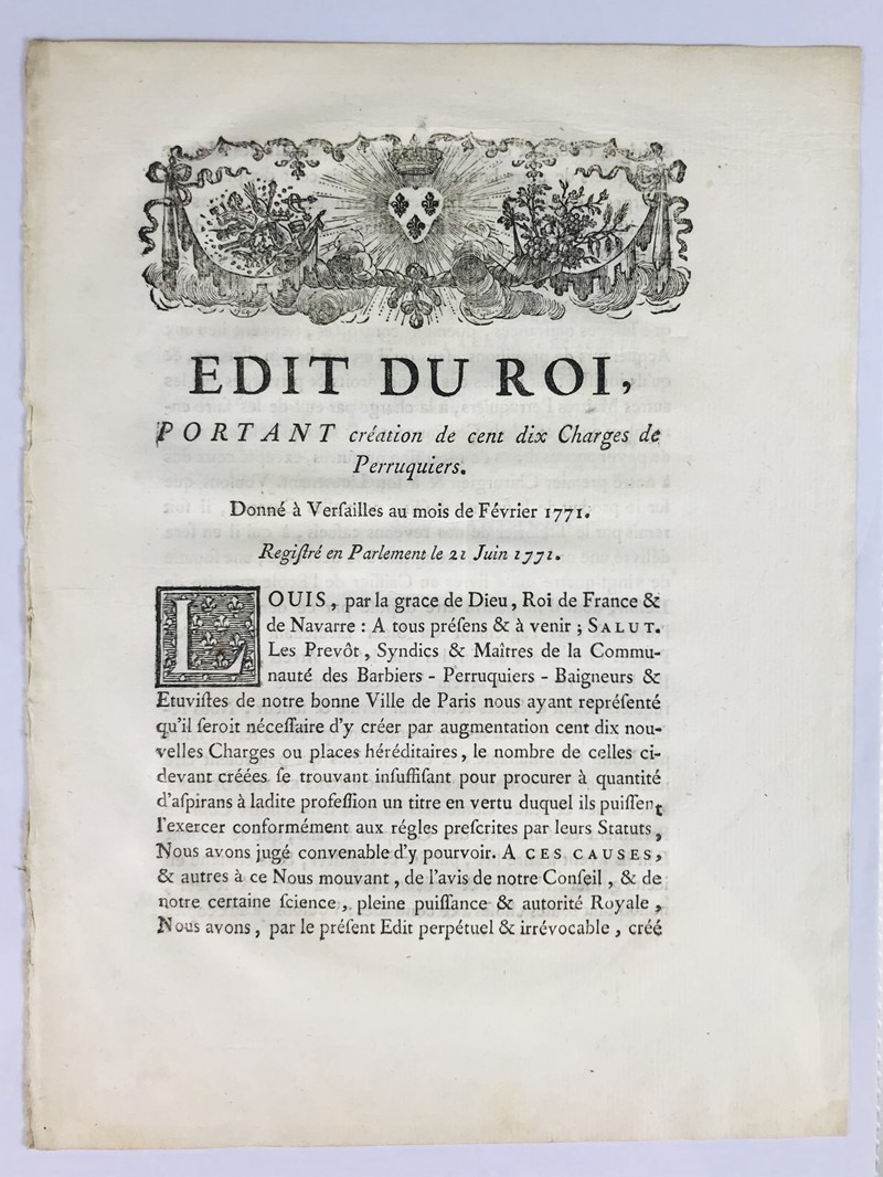 Hairdressers and barbers. Two Edits du Roi. 1760-1772  - Auction RARE BOOKS, PRINTS, MAPS AND DOCUMENTS. - Bado e Mart Auctions