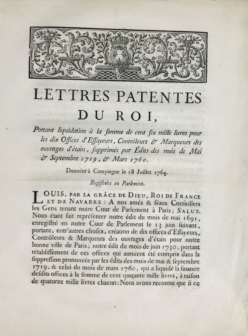 Economy-Crafts. Lettre Patentes du Roi, Portant liquidation a la somme de cent six  [..]