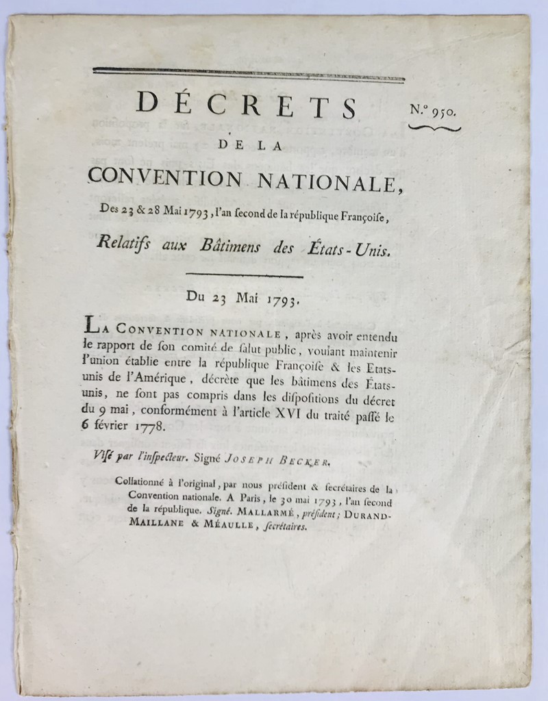 French Revolution. Trade with the United States. Decrets de la Convention Nationale  [..]
