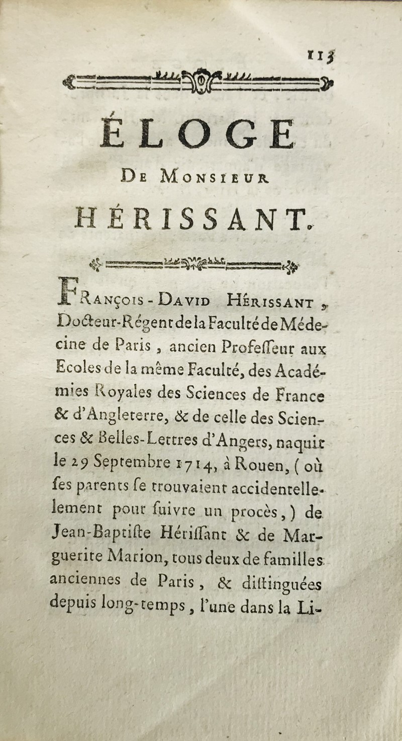 Medicine. Eloge de Monsieur Herissant.  - Auction RARE BOOKS, PRINTS, MAPS AND DOCUMENTS. - Bado e Mart Auctions
