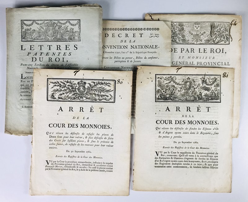 Money and paper money. Collection of five Laws and Decrees of the Ancien Regime and of the Revolution, from 30 September 1782 to 8 November 1792.  - Auction RARE BOOKS, PRINTS, MAPS AND DOCUMENTS. - Bado e Mart Auctions