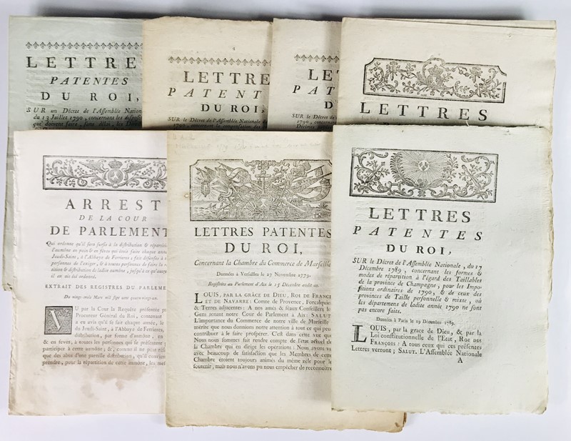 Taxes. Collection of seven Laws and Decrees of the Ancien Regime and of the Revolution, from September 30, 1779 to July 13, 1790.  - Auction RARE BOOKS, PRINTS, MAPS AND DOCUMENTS. - Bado e Mart Auctions