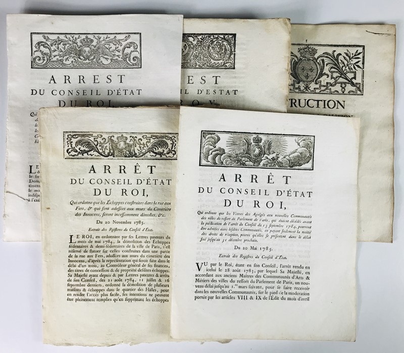 Paris. Taxes and Administration. Collection of five Laws and Decrees relating to the city of Paris, from 18 November 1722 to 20 November 1785.  - Auction RARE BOOKS, PRINTS, MAPS AND DOCUMENTS. - Bado e Mart Auctions